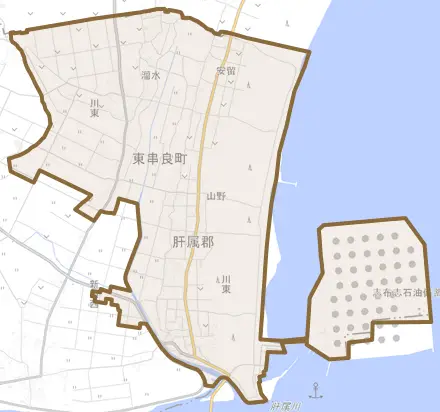 川東とその周辺の地図。町の範囲を重ねている