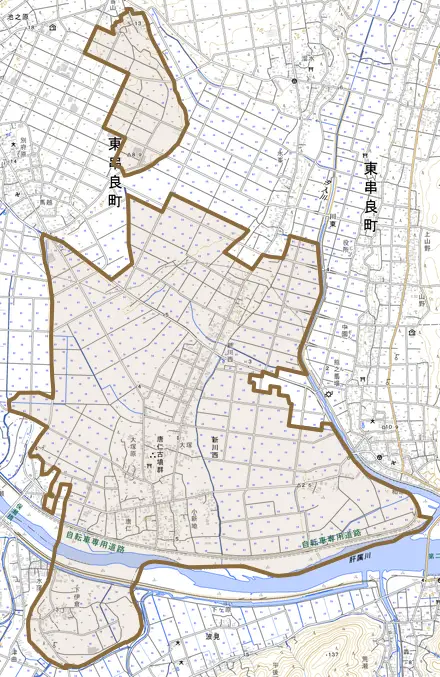 新川西とその周辺の地図。町の範囲を重ねている