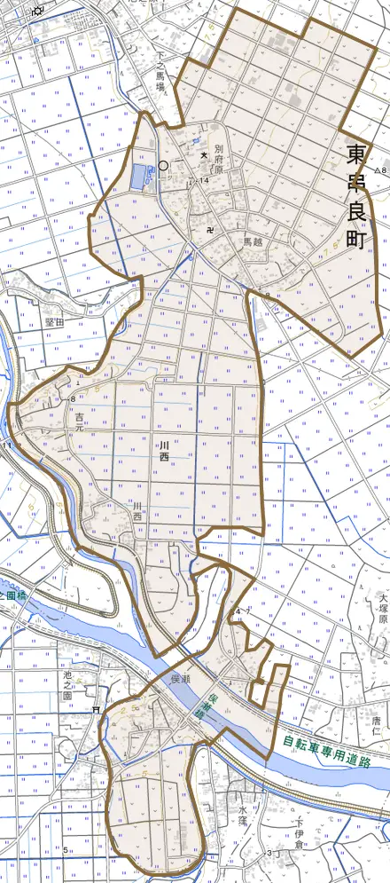 川西とその周辺の地図。町の範囲を重ねている