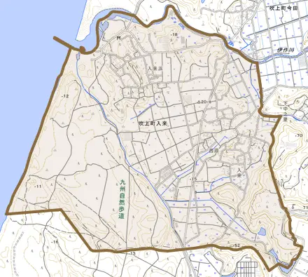 吹上町入来とその周辺の地図。町の範囲を重ねている