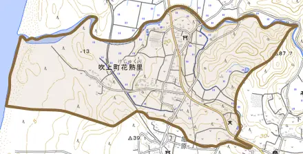 吹上町花熟里とその周辺の地図。町の範囲を重ねている