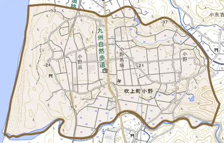 吹上町小野とその周辺の地図。町の範囲を重ねている