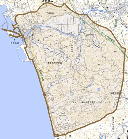 東市来町伊作田とその周辺の地図。町の範囲を重ねている