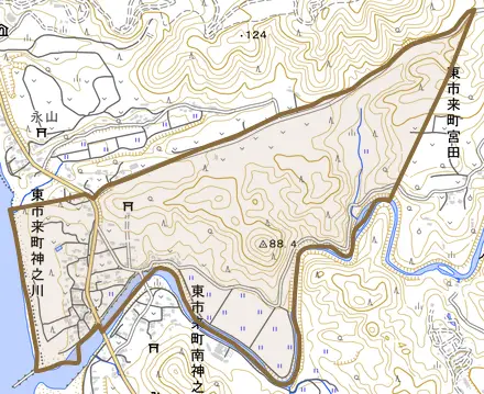 東市来町神之川とその周辺の地図。町の範囲を重ねている