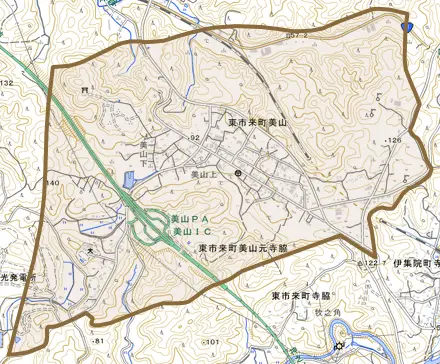 東市来町美山とその周辺の地図。町の範囲を重ねている