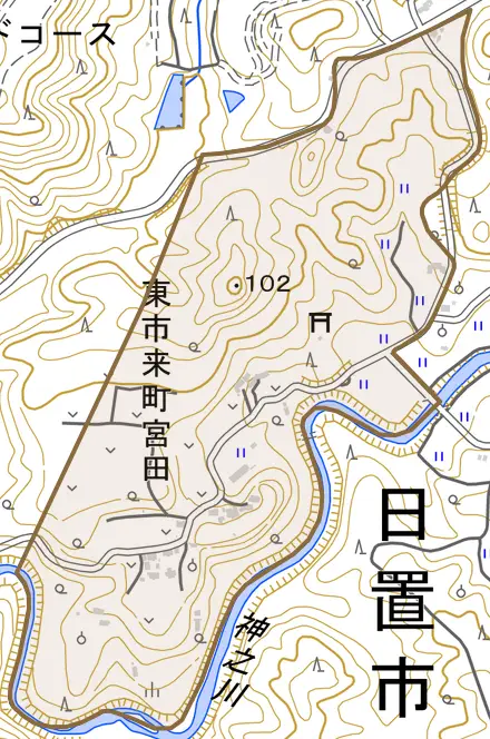 東市来町宮田とその周辺の地図。町の範囲を重ねている