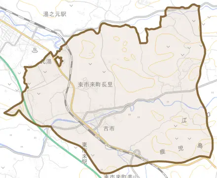 東市来町長里とその周辺の地図。町の範囲を重ねている