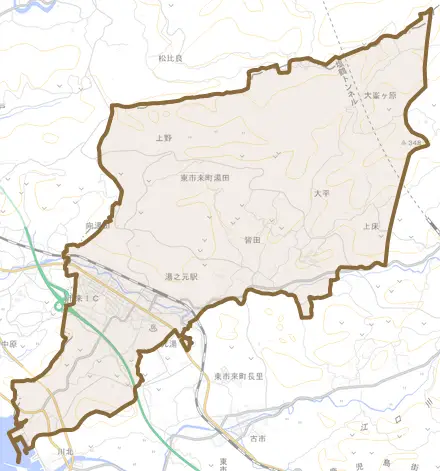 東市来町湯田とその周辺の地図。町の範囲を重ねている