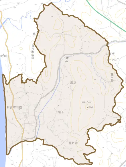 日吉町日置とその周辺の地図。町の範囲を重ねている