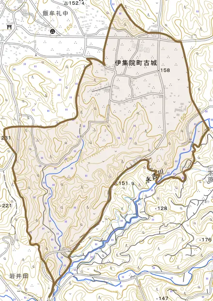 伊集院町古城とその周辺の地図。町の範囲を重ねている