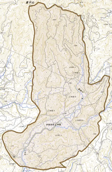 伊集院町上神殿とその周辺の地図。町の範囲を重ねている