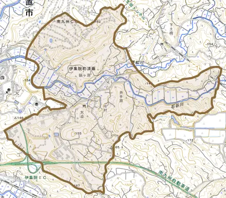 伊集院町清藤とその周辺の地図。町の範囲を重ねている