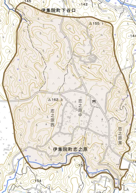 伊集院町恋之原とその周辺の地図。町の範囲を重ねている