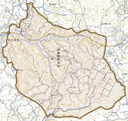 伊集院町中川とその周辺の地図。町の範囲を重ねている
