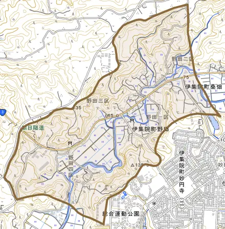 伊集院町野田とその周辺の地図。町の範囲を重ねている