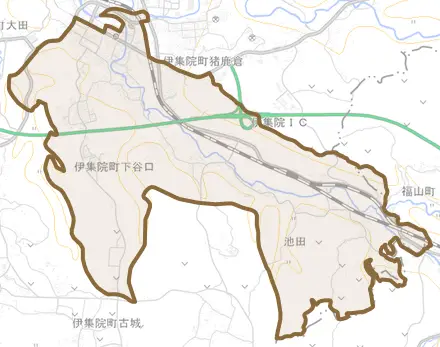 伊集院町下谷口とその周辺の地図。町の範囲を重ねている