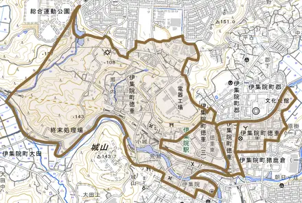 伊集院町徳重とその周辺の地図。町の範囲を重ねている