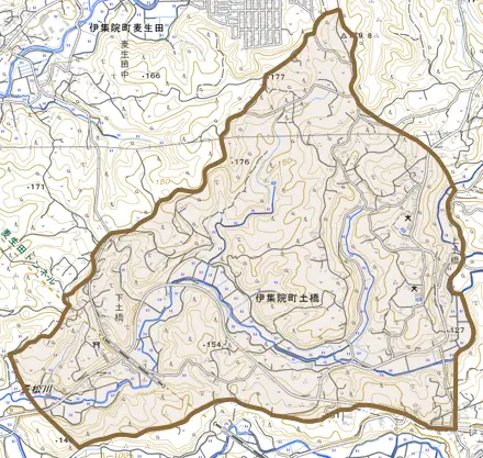 伊集院町土橋とその周辺の地図。町の範囲を重ねている