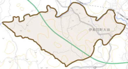 伊集院町大田とその周辺の地図。町の範囲を重ねている