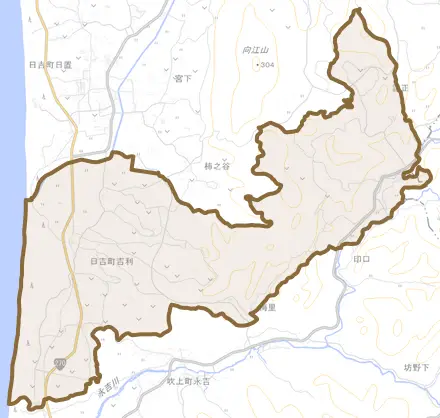 日吉町吉利とその周辺の地図。町の範囲を重ねている