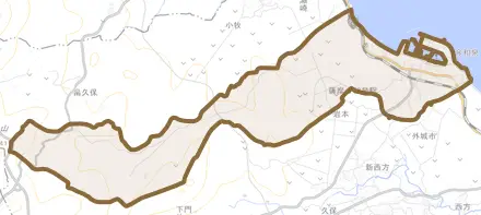 岩本とその周辺の地図。町の範囲を重ねている