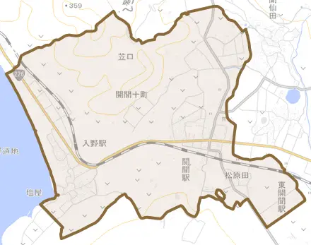 開聞十町とその周辺の地図。町の範囲を重ねている