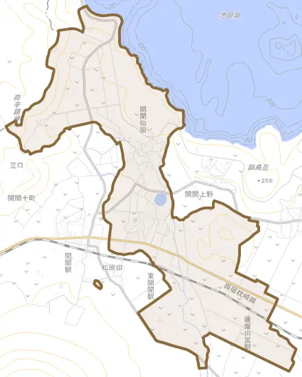 開聞仙田とその周辺の地図。町の範囲を重ねている