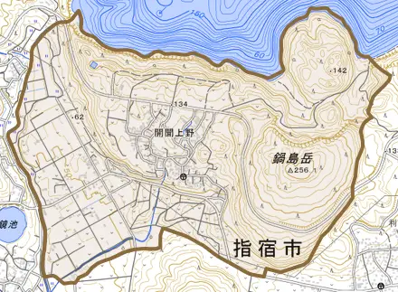 開聞上野とその周辺の地図。町の範囲を重ねている