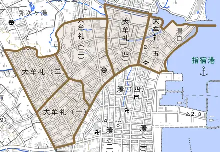 大牟礼とその周辺の地図。町の範囲を重ねている