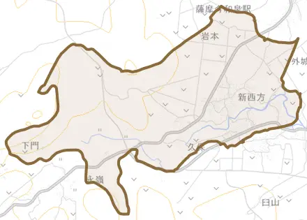 新西方とその周辺の地図。町の範囲を重ねている
