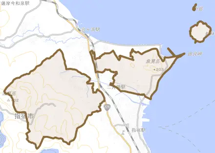 東方とその周辺の地図。町の範囲を重ねている