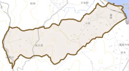 小牧とその周辺の地図。町の範囲を重ねている