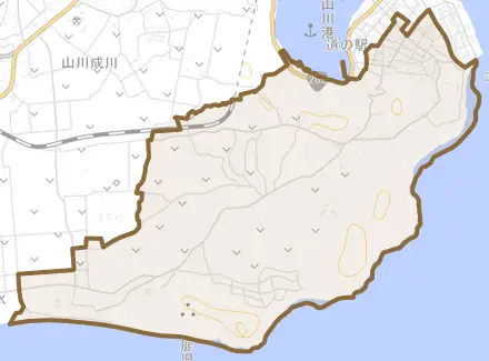 山川福元とその周辺の地図。町の範囲を重ねている