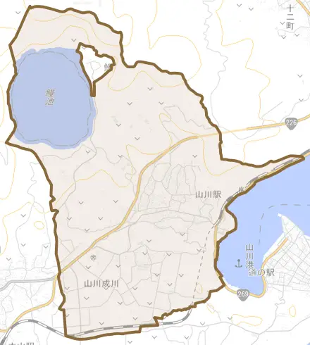 山川成川とその周辺の地図。町の範囲を重ねている