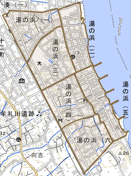 湯の浜とその周辺の地図。町の範囲を重ねている