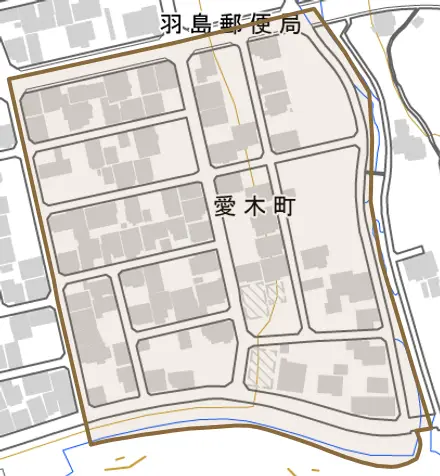 愛木町とその周辺の地図。町の範囲を重ねている