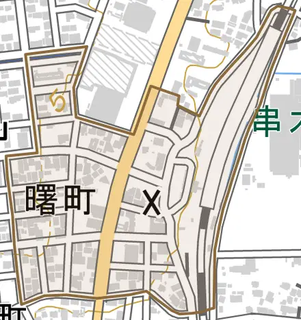曙町とその周辺の地図。町の範囲を重ねている