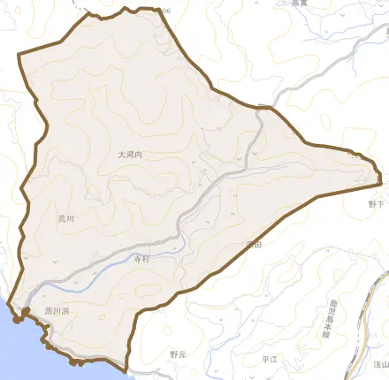 荒川とその周辺の地図。町の範囲を重ねている