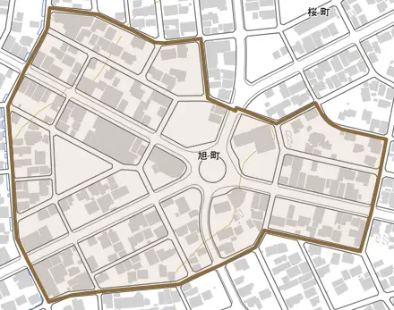 旭町とその周辺の地図。町の範囲を重ねている