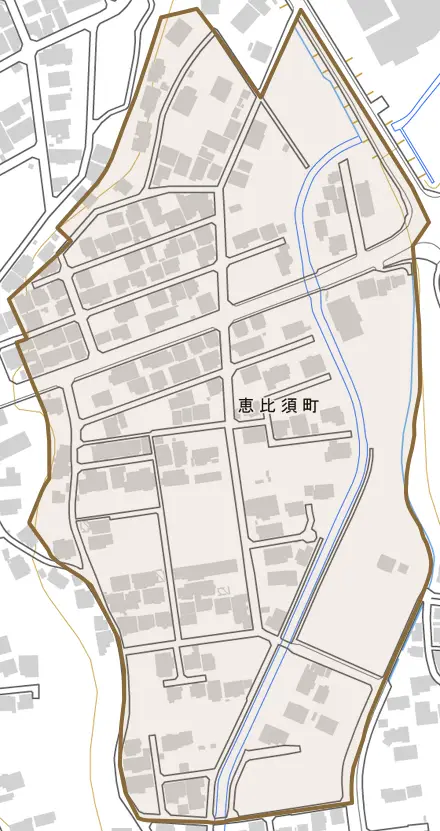 恵比須町とその周辺の地図。町の範囲を重ねている