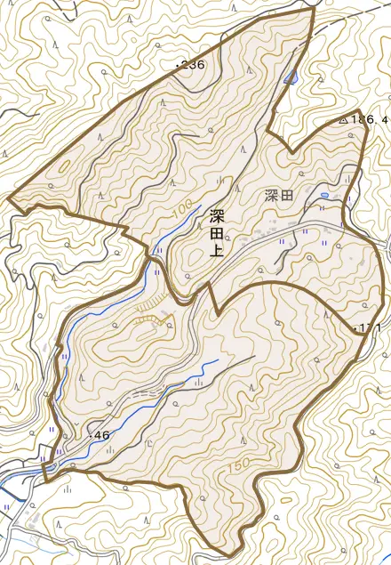 深田上とその周辺の地図。町の範囲を重ねている