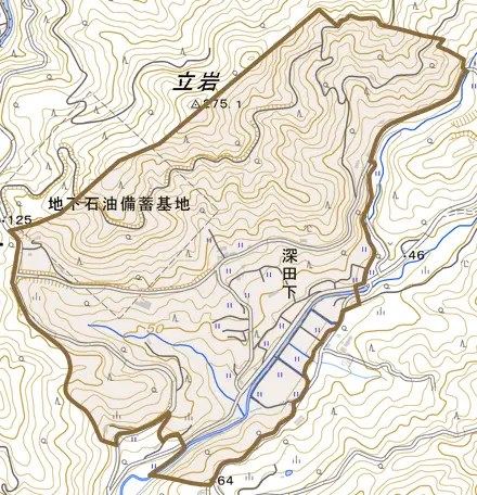 深田下とその周辺の地図。町の範囲を重ねている