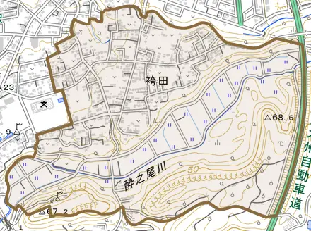 袴田とその周辺の地図。町の範囲を重ねている