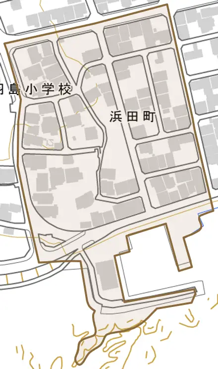 浜田町とその周辺の地図。町の範囲を重ねている