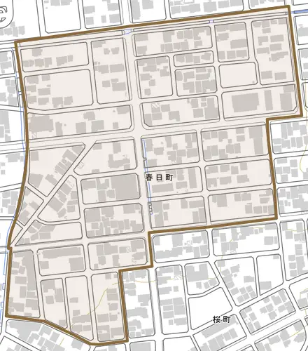 春日町とその周辺の地図。町の範囲を重ねている
