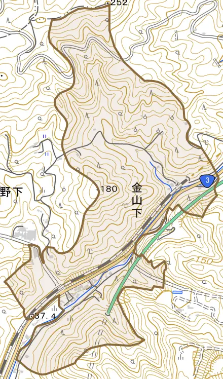 金山下とその周辺の地図。町の範囲を重ねている