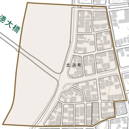北浜町とその周辺の地図。町の範囲を重ねている