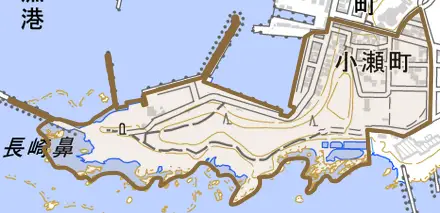小瀬町とその周辺の地図。町の範囲を重ねている