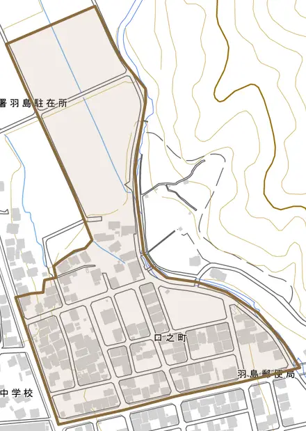 口之町とその周辺の地図。町の範囲を重ねている