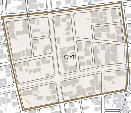 京町とその周辺の地図。町の範囲を重ねている